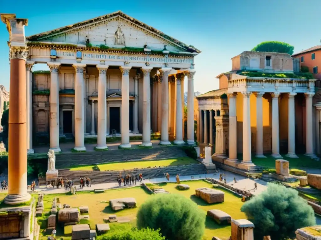 Pintura detallada de un bullicioso foro romano con senadores en togas debatiendo, rodeados de arquitectura de mármol y vegetación, bajo un cielo azul