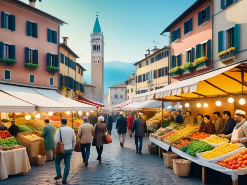 Pintura acuarela detallada de un bullicioso mercado italiano, celebrando la riqueza de dialectos, lenguas y culturas