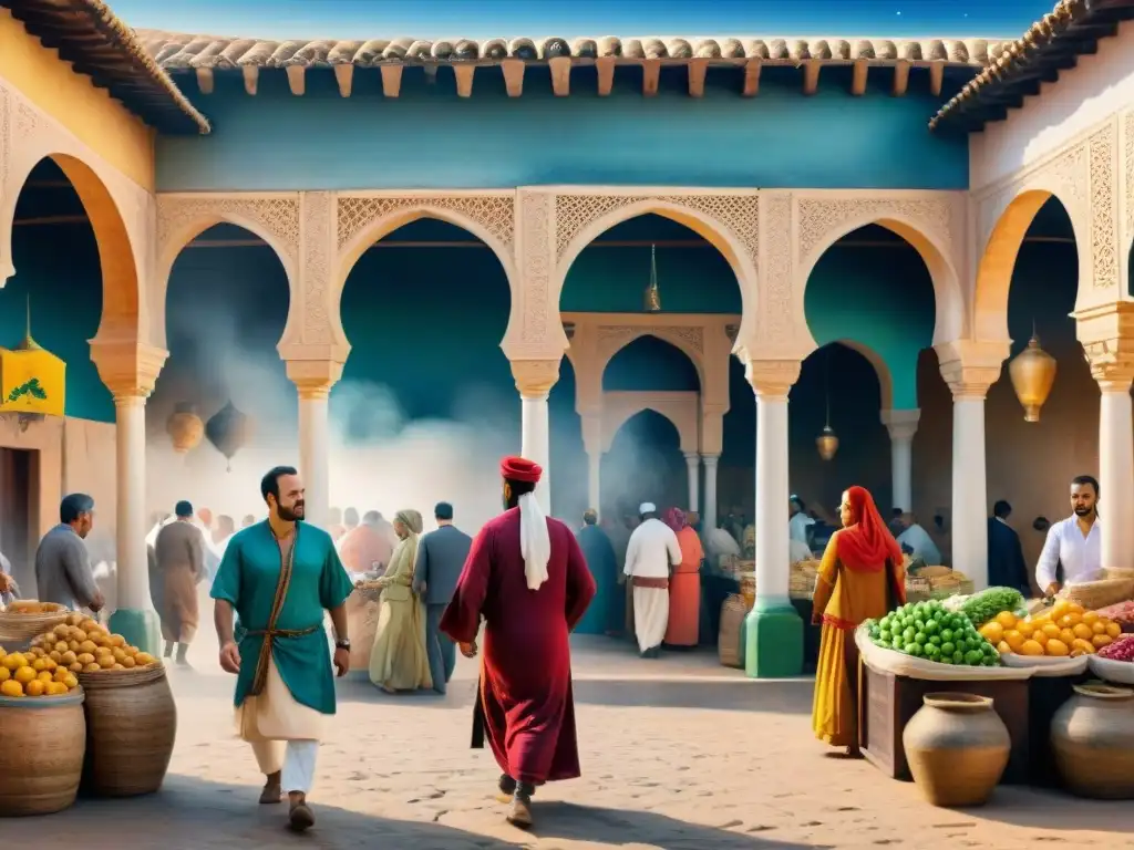 Pintura detallada de un bullicioso mercado en Andalucía, con colores vibrantes y arquitectura morisca