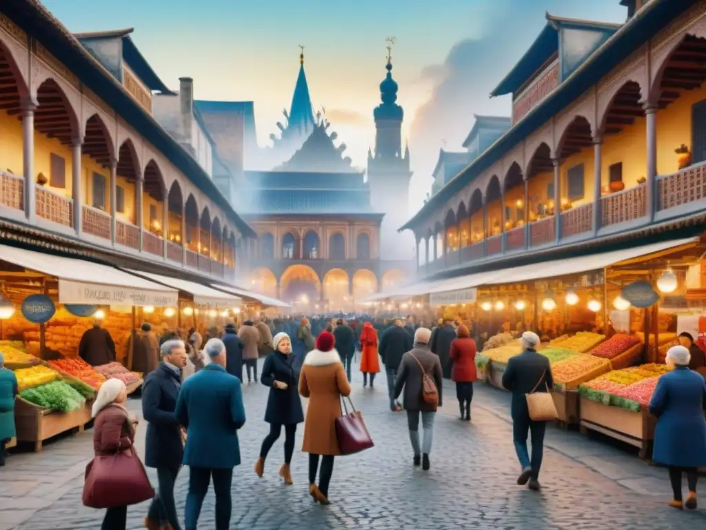 Pintura acuarela detallada de un bullicioso mercado en una plaza histórica, con grupos de personas hablando diversos dialectos