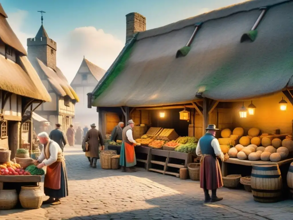 Pintura detallada de un bullicioso mercado en un antiguo pueblo inglés durante la época anglosajona, reflejando la vida diaria