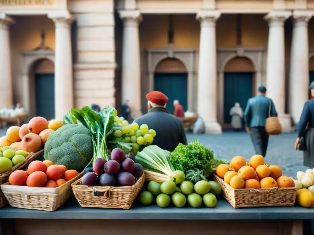 Pintura detallada de un bullicioso mercado romano, con vendedores de frutas, clientes regateando y arquitectura romana