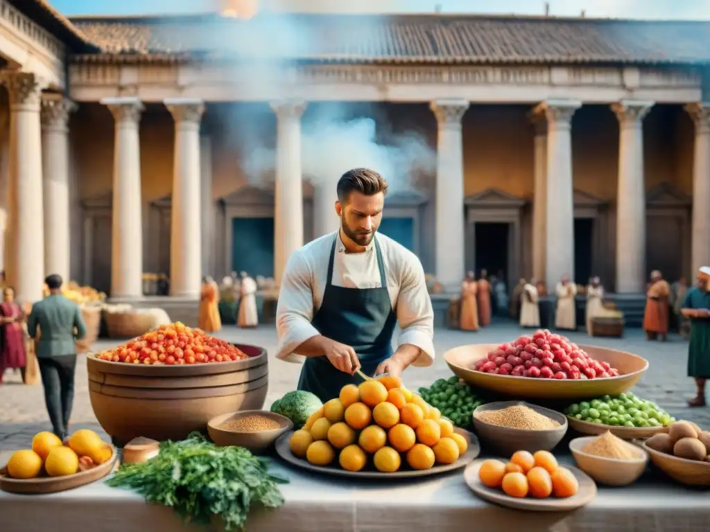 Pintura detallada de un bullicioso mercado romano antiguo con vendedores de frutas, verduras y especias