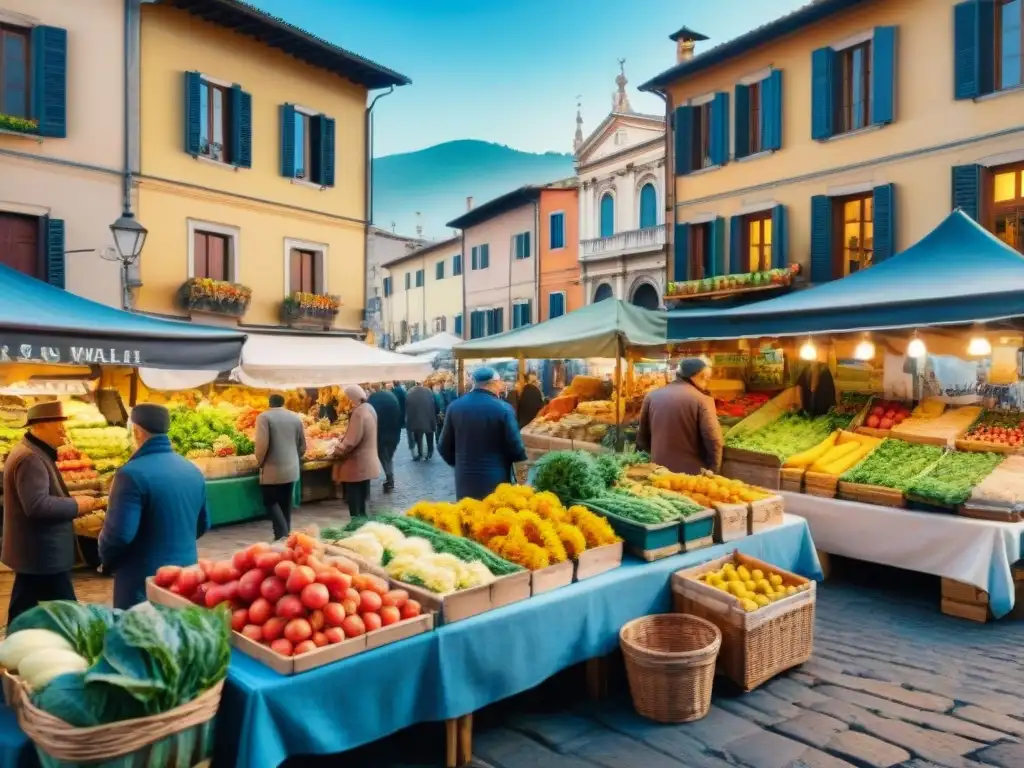 Pintura detallada de bullicioso mercado italiano con puestos de frutas, flores y productos