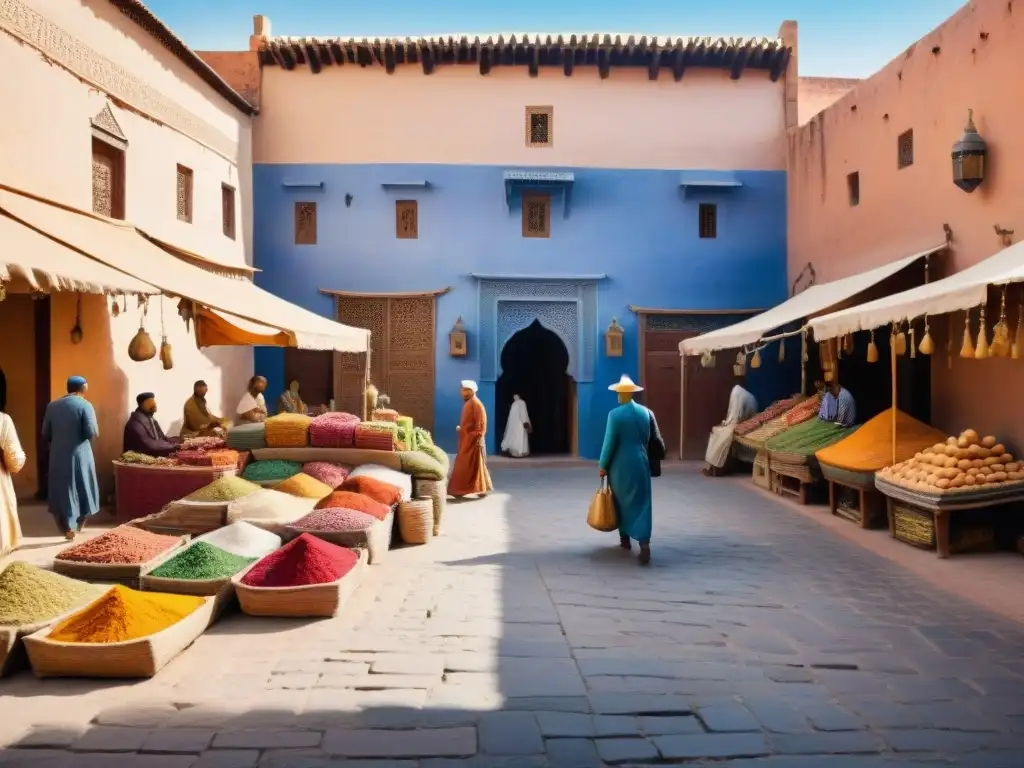 Pintura detallada de un bullicioso mercado en Marrakech, Marruecos, reflejando colores vibrantes y diversidad cultural