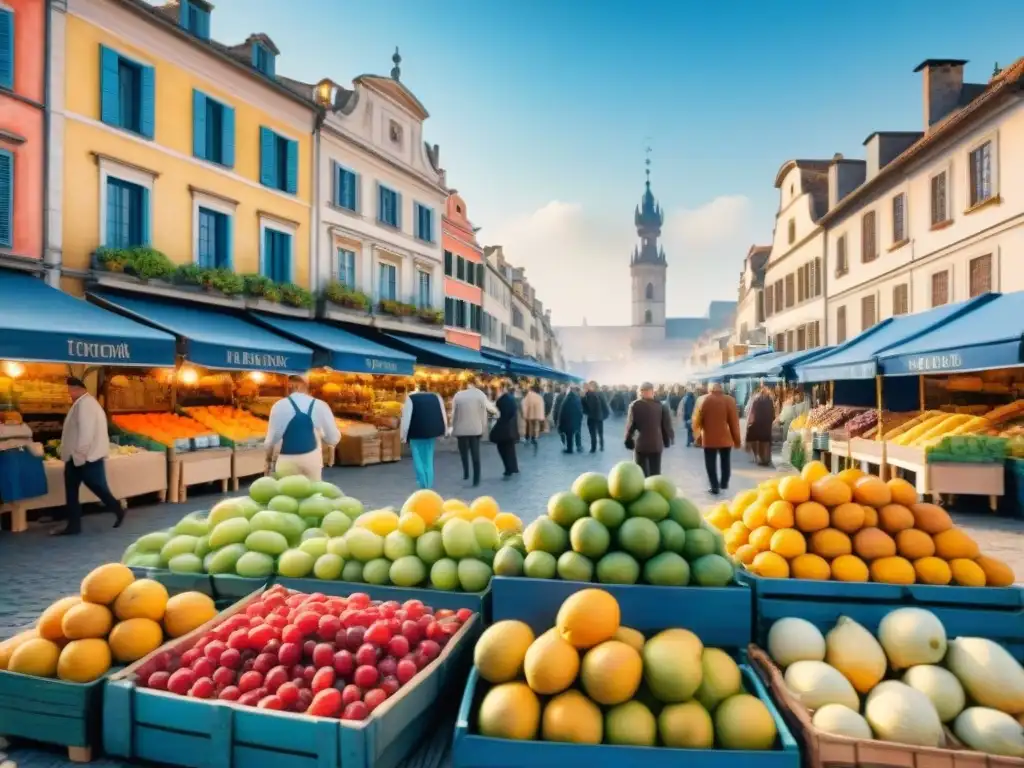 Pintura detallada de un bullicioso mercado europeo con vendedores y turistas, bajo un cielo azul