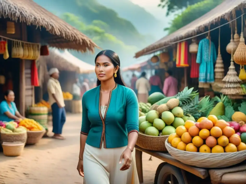 Pintura acuarela de mercado indígena vibrante Pintura acuarela detallada de un bullicioso mercado indígena con artesanías, frutas exóticas y gente en atuendos tradicionales