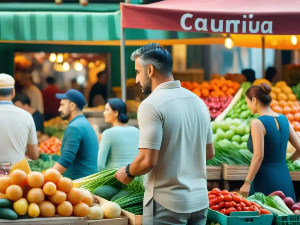 Pintura detallada de un bullicioso mercado en Barcelona, riqueza cultural, lenguas y dialectos