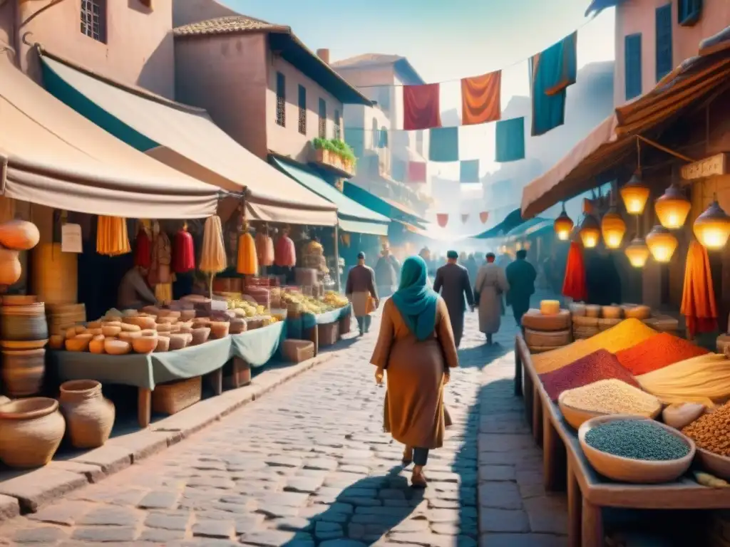 Pintura acuarela detallada de un bullicioso mercado arameo antiguo bajo la cálida luz del atardecer, reflejando dialectos culturales