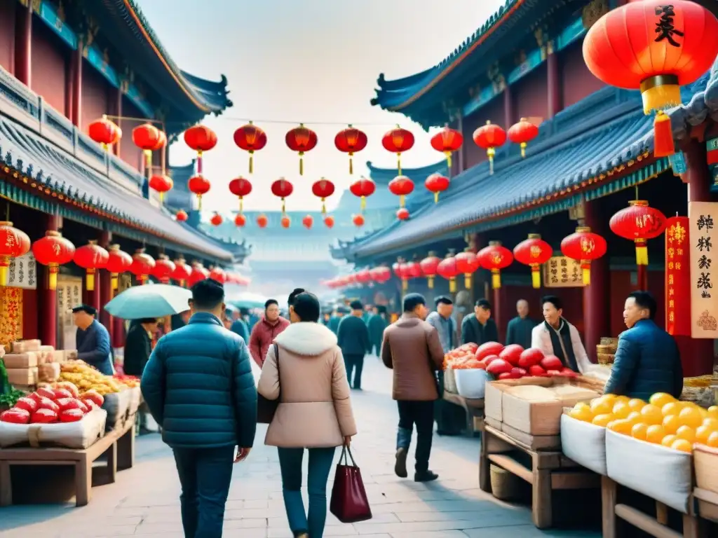 Pintura detallada de un bullicioso mercado en Pekín, China, con vendedores y faroles rojos