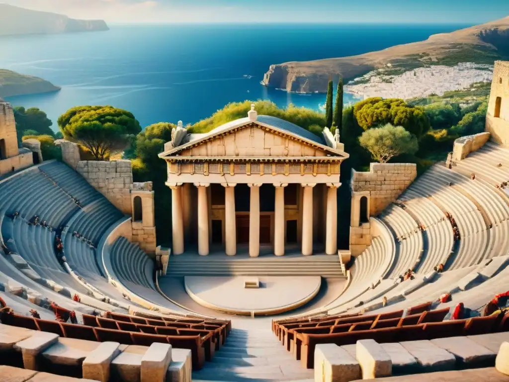 Una pintura detallada de un bullicioso teatro griego antiguo, con arquitectura de piedra, espectadores y actores en escena