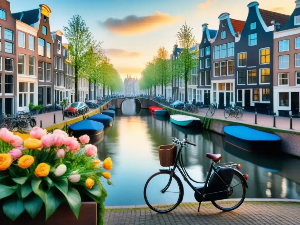 Pintura detallada de un canal en Amsterdam con casas holandesas, flores y bicicletas