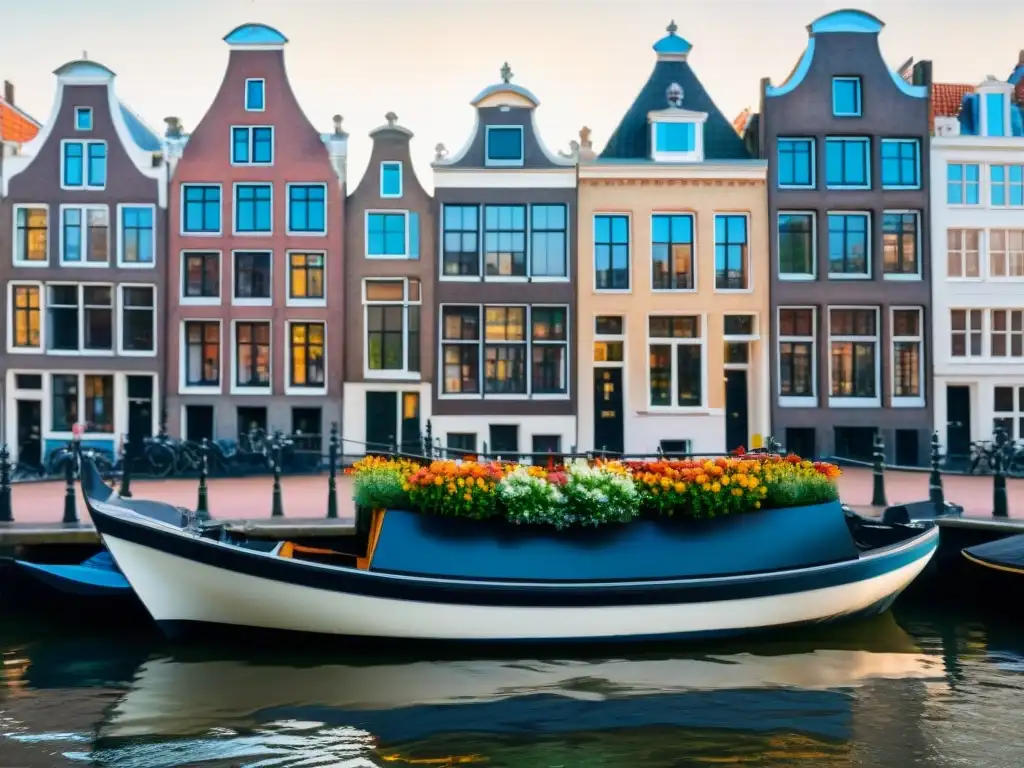 Pintura detallada de un canal en Ámsterdam con casas tradicionales holandesas y barcos, capturando la cultura y lengua holandesa en Ámsterdam