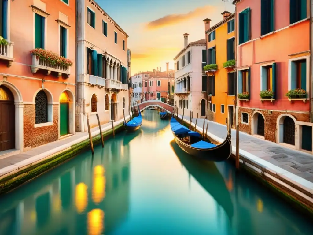 Pintura detallada de un canal veneciano con edificios históricos, góndolas y ropa colorida tendida al atardecer