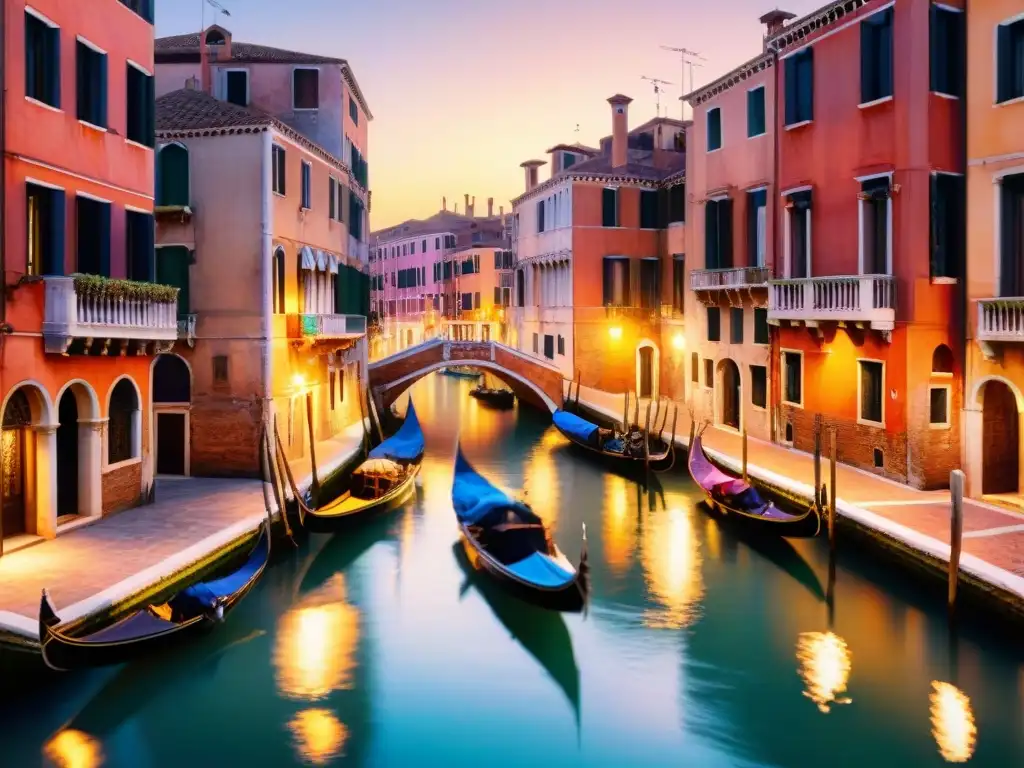 Pintura detallada de un canal veneciano al atardecer, con góndolas y edificios coloridos bajo la cálida luz del sol