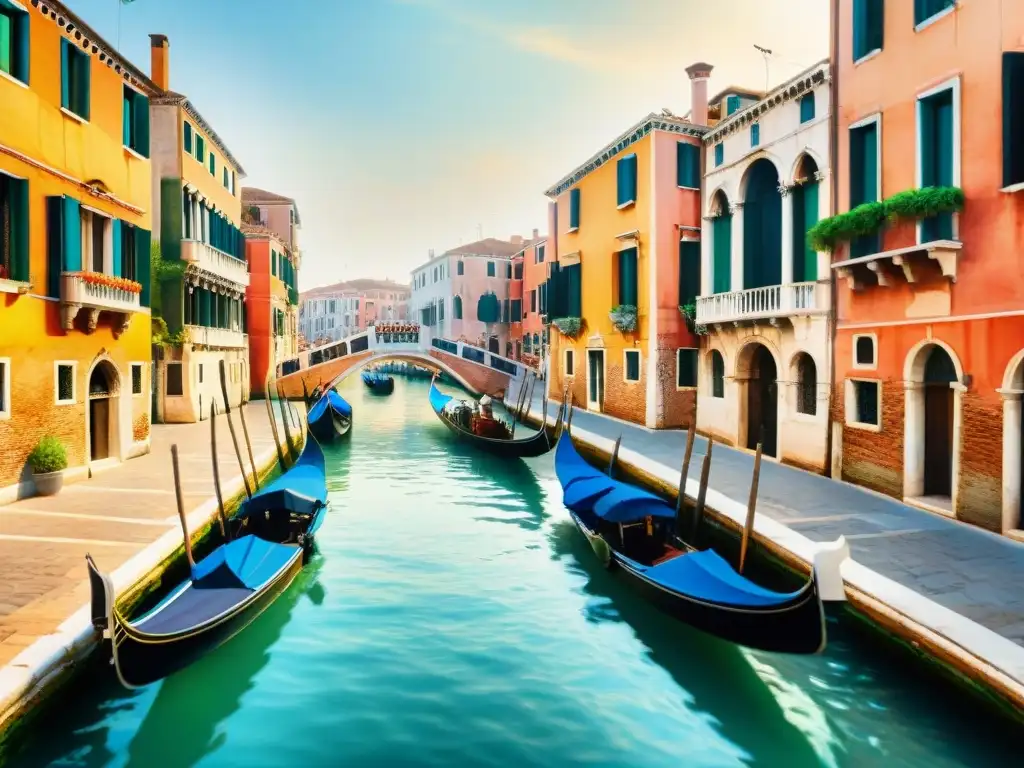 Pintura detallada de un canal veneciano con góndolas, edificios coloridos y luz dorada, inspirando a escribir en veneciano