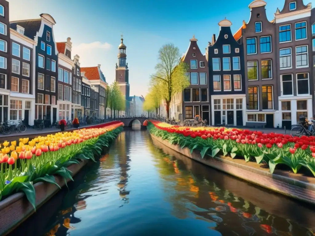 Pintura detallada de Ámsterdam con canales, edificios históricos y tulipanes