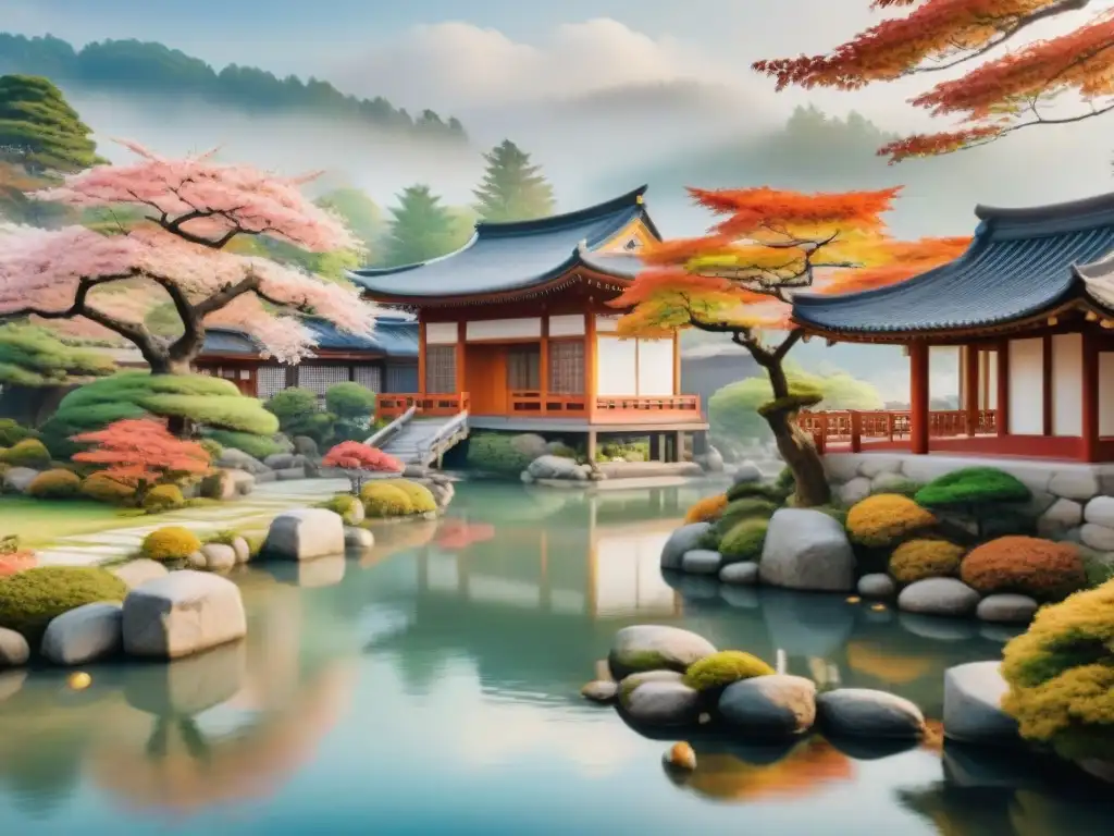 Pintura detallada de jardín japonés y casa coreana rodeadas de naturaleza vibrante, reflejadas en estanque tranquilo