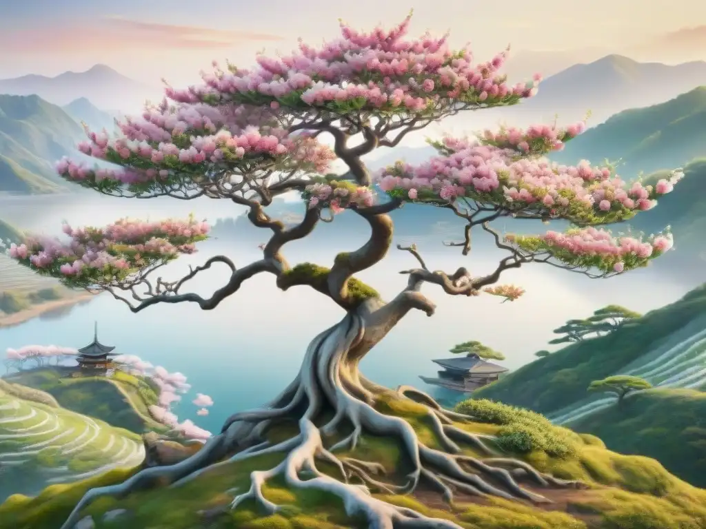 Pintura acuarela detallada de cerezo japonés y magnolia coreana entrelazados, simbolizando relaciones genéticas japonesas coreanas