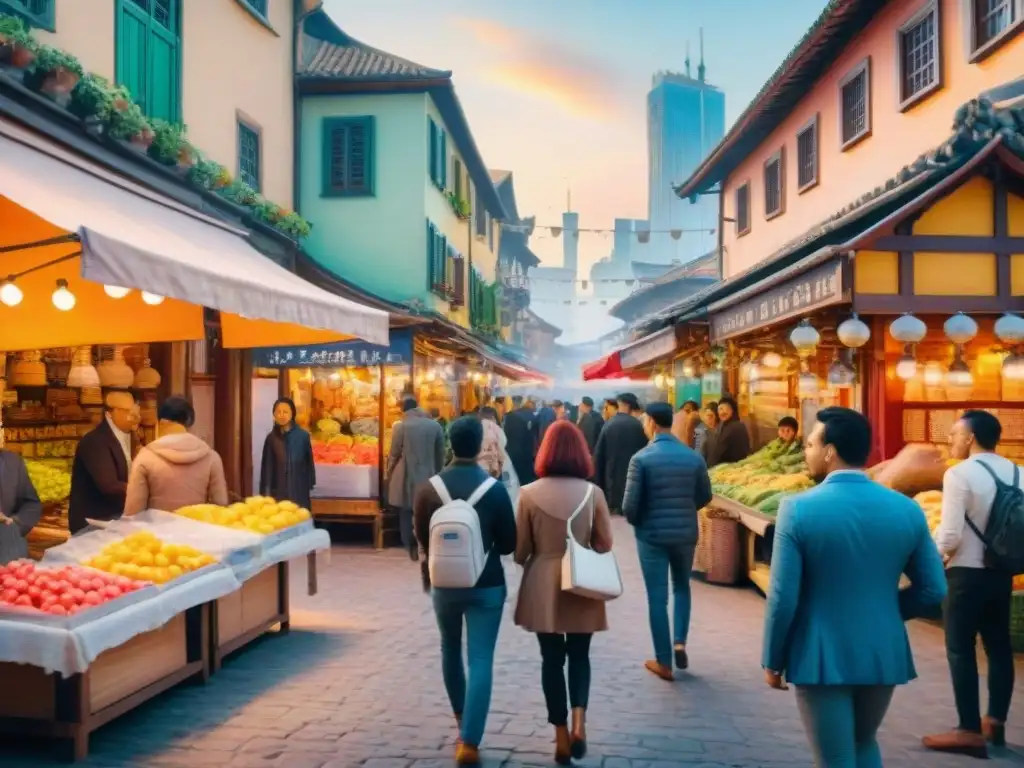 Pintura detallada de una ciudad bulliciosa con traducción AI, mercado vibrante y arquitectura ecléctica al atardecer