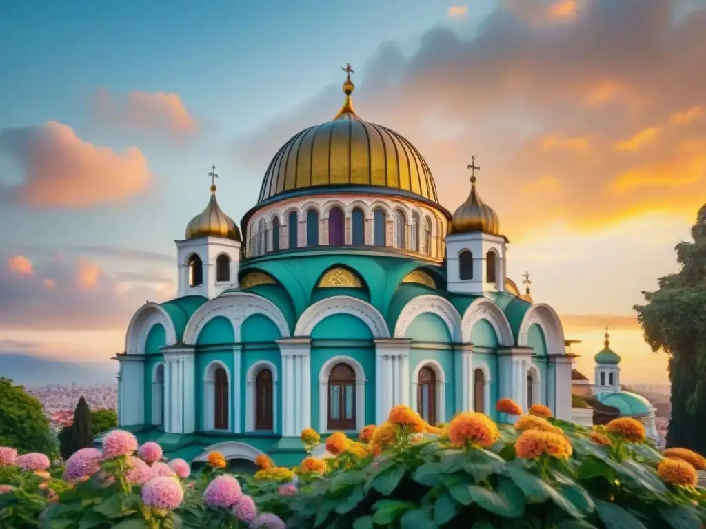 Pintura detallada de la icónica Catedral Alexander Nevsky en Sofía, Bulgaria, resaltando sus cúpulas doradas y arquitectura ornamentada con un atardecer vibrante de fondo