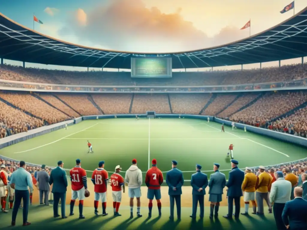 Pintura acuarela detallada mostrando evolución lingüística en deportes con cambios terminología deportiva