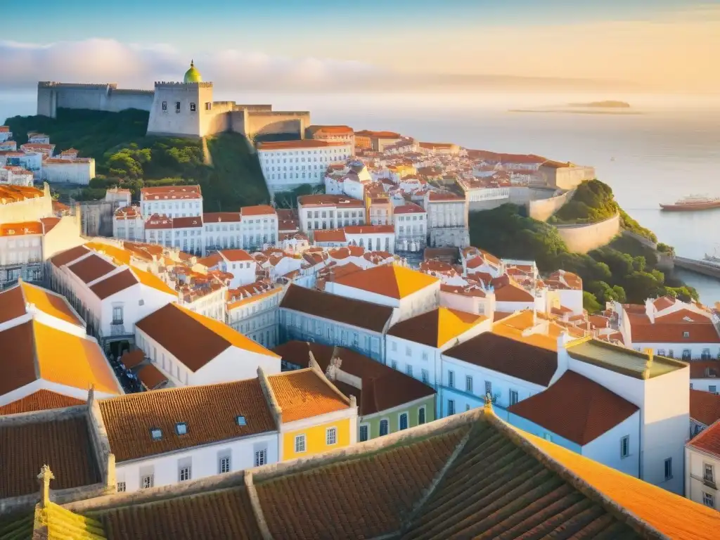 Una pintura detallada de Lisboa, Portugal, con edificios coloridos y azulejos tradicionales