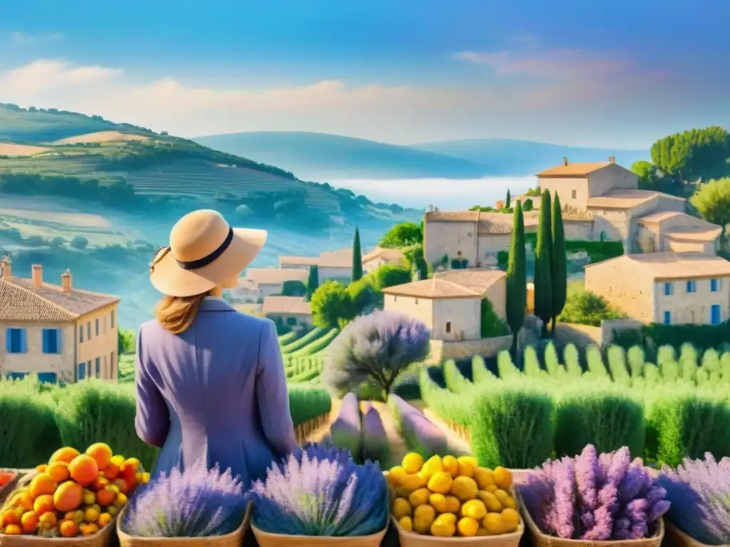 Pintura detallada de un encantador pueblo francés en Provenza, con casas coloridas, un mercado animado y campos de lavanda