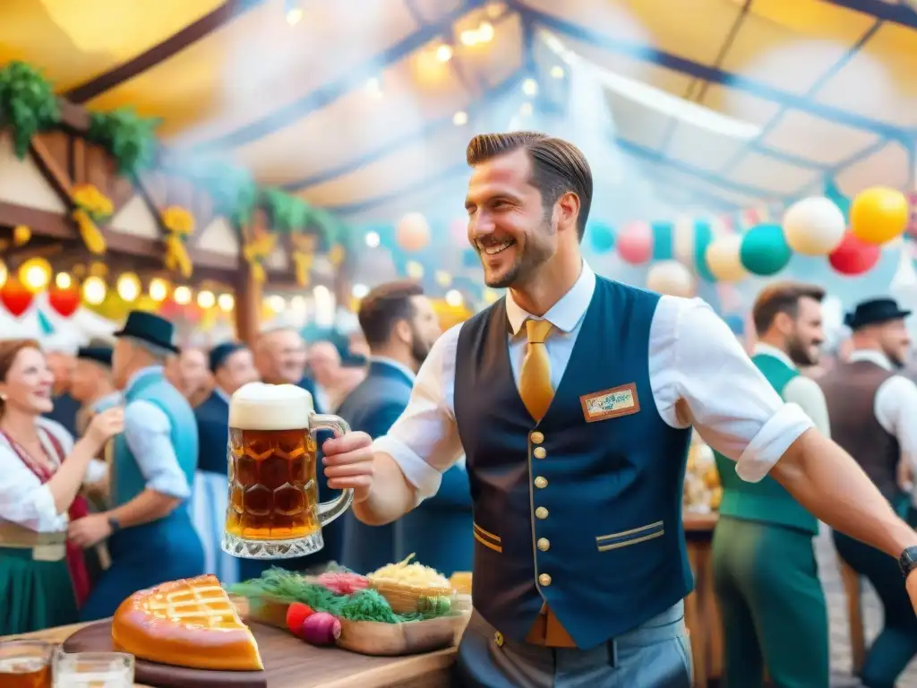 Pintura detallada de Oktoberfest, gente en trajes tradicionales alemanes disfrutando de la cerveza y la comida en un ambiente festivo