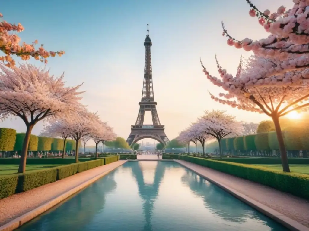 Pintura detallada de la icónica Torre Eiffel al atardecer con florecientes cerezos en primer plano en París