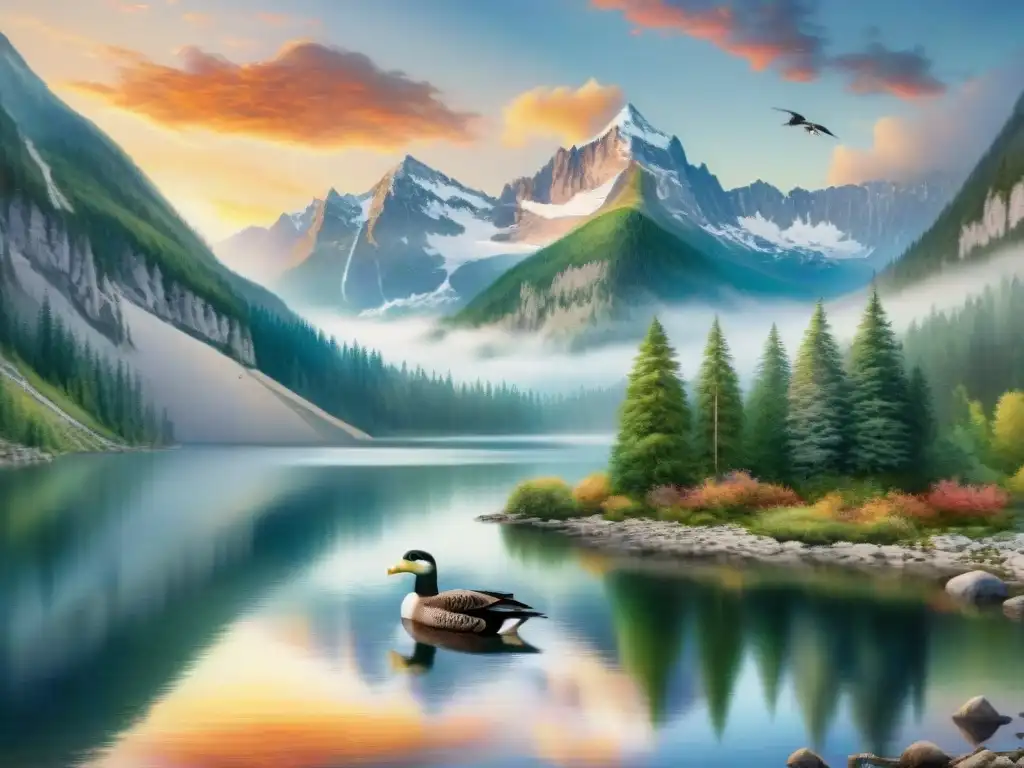 Pintura detallada de un lago de montaña sereno reflejando un atardecer vibrante, rodeado de bosques verdes y picos nevados