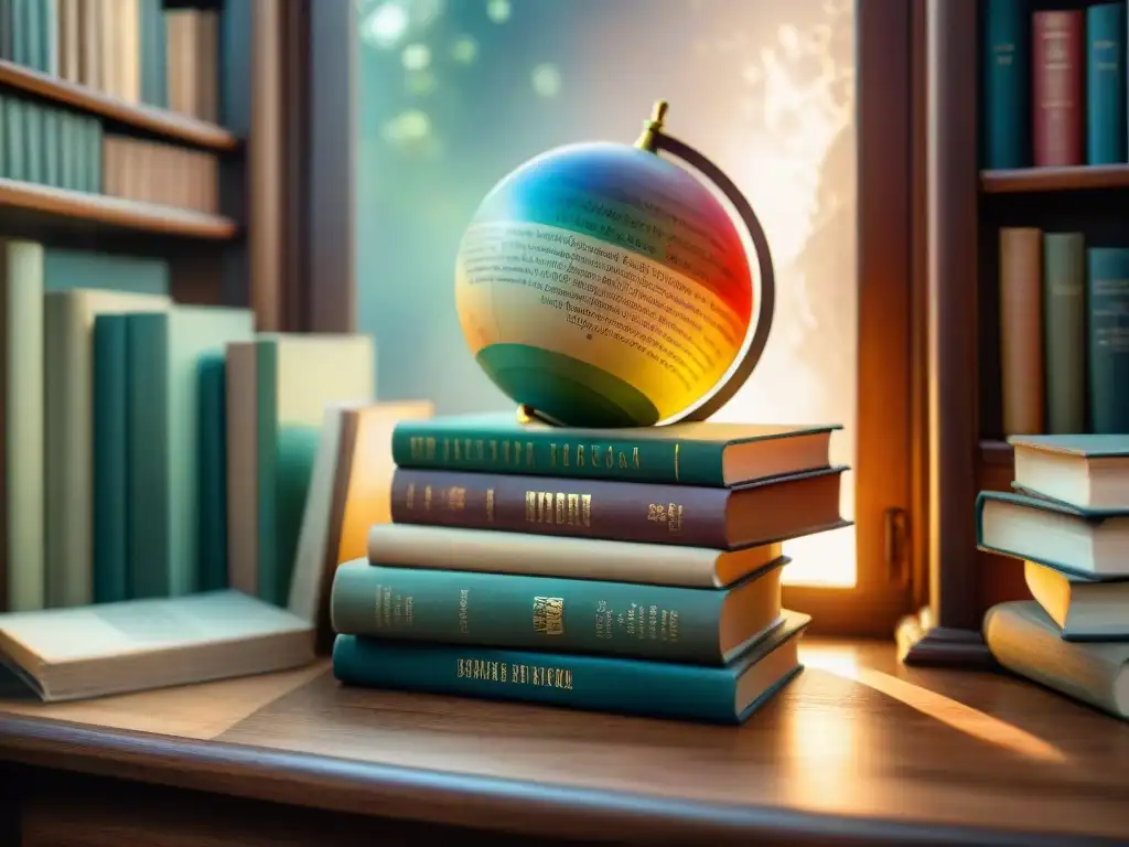 Pintura detallada de libros antiguos con lomos multicolores sobre escritorio de madera iluminado por luz natural