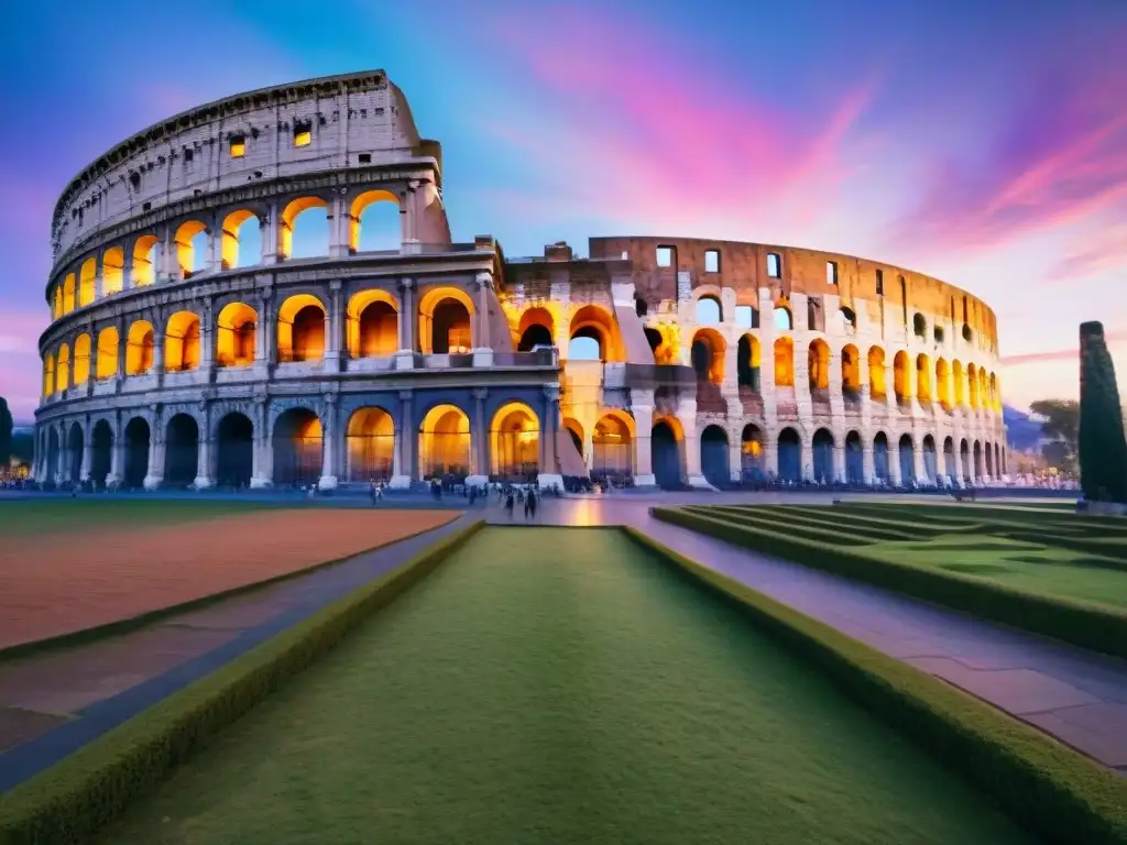 Pintura detallada de un majestuoso Coliseo Romano al atardecer, reflejando la rica historia y poder de la poesía latina clásica