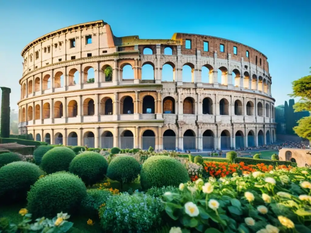 Pintura acuarela detallada del majestuoso Coliseo Romano, rodeado de exuberante vegetación y aves coloridas en un cielo azul claro