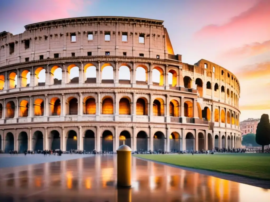 Pintura detallada del majestuoso Coliseo Romano al atardecer, reflejando la grandeza de Roma antigua con colores vibrantes