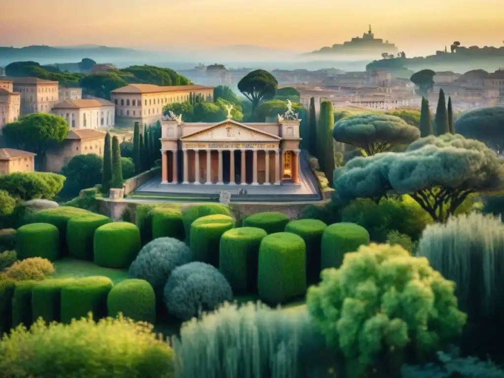 Pintura acuarela detallada de un majestuoso templo romano rodeado de vegetación exuberante, colores vibrantes y un atardecer dorado, transmitiendo la importancia del Latín Clásico