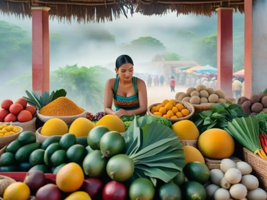 Una pintura acuarela detallada muestra un mercado vibrante en Yuc Inmersión en maya y español