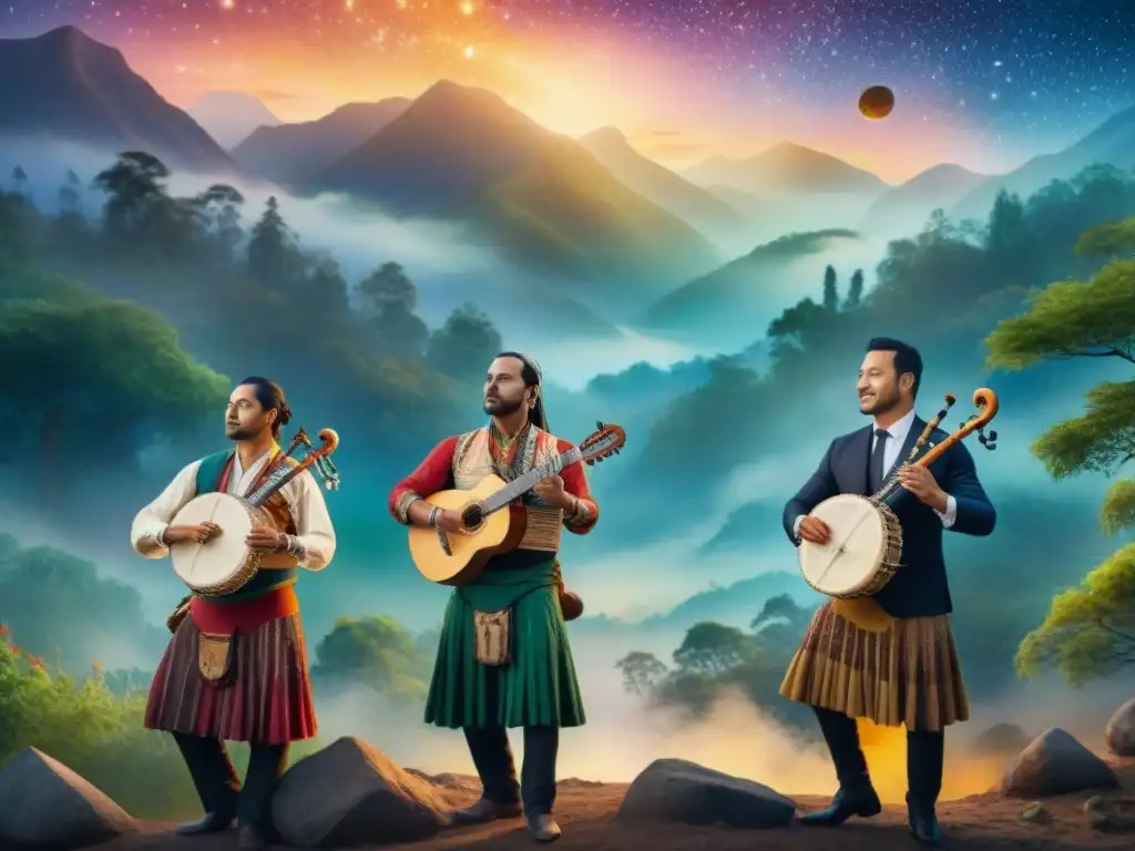 Una pintura acuarela detallada de músicos diversos tocando instrumentos folclóricos bajo un cielo estrellado en un bosque mágico