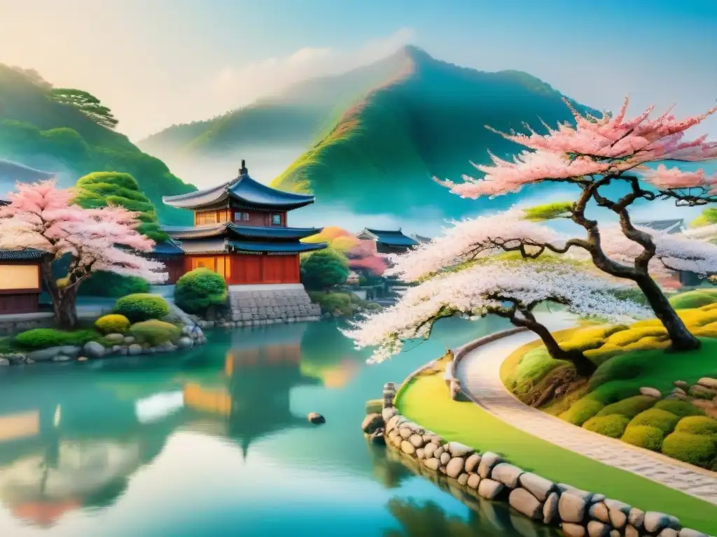 Pintura acuarela detallada con paisaje sereno fusionando arquitectura tradicional coreana y japonesa, rodeado de cerezos en flor