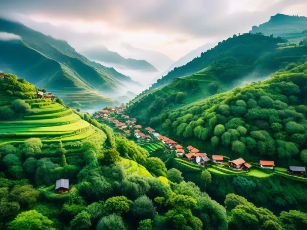Pintura detallada de paisaje montañoso y pueblos coloridos Pintura detallada de paisaje montañoso verde con pueblos coloridos, ríos y bosques