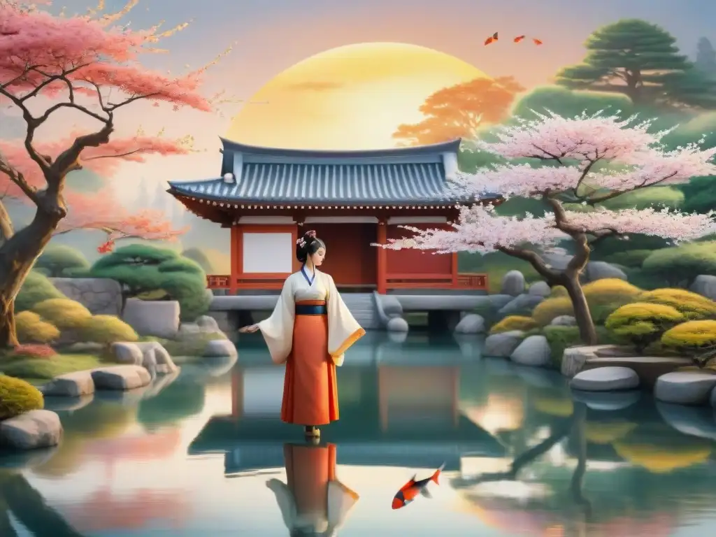 Pintura acuarela detallada de jardín japonés con pareja en hanbok bailando, koi en estanque al atardecer