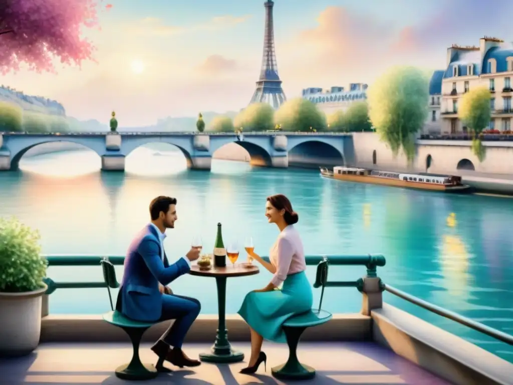 Pintura detallada de pareja en el río Sena, con la Torre Eiffel al fondo