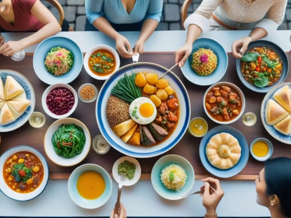 Una pintura detallada de personas de diferentes culturas compartiendo comida, mostrando la influencia de la lengua en la comida