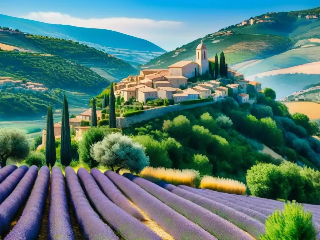 Pintura detallada de un pintoresco pueblo provenzal con casas tradicionales, campos de lavanda y cielo azul