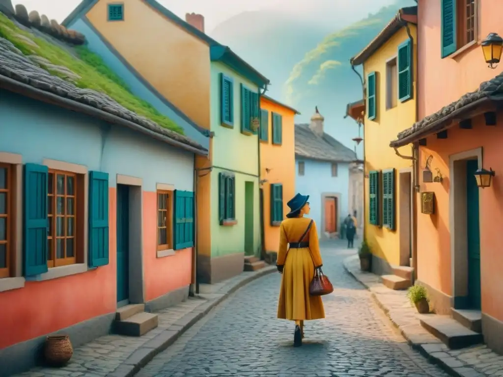 Pintura detallada de un pintoresco pueblo con calles empedradas y locales conversando animadamente, mostrando la influencia del dialecto en literatura