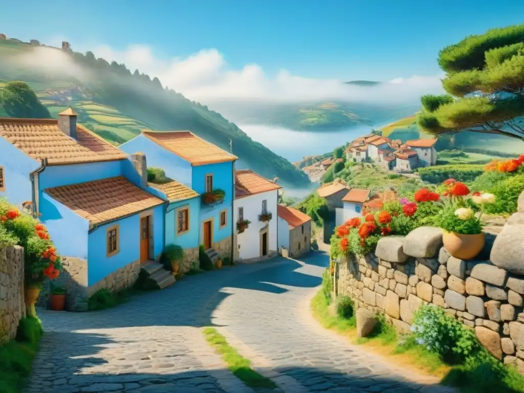 Pintura detallada de un pintoresco pueblo gallego, con casas de piedra, flores coloridas y lugareños hablando en gallego, bajo un cielo azul