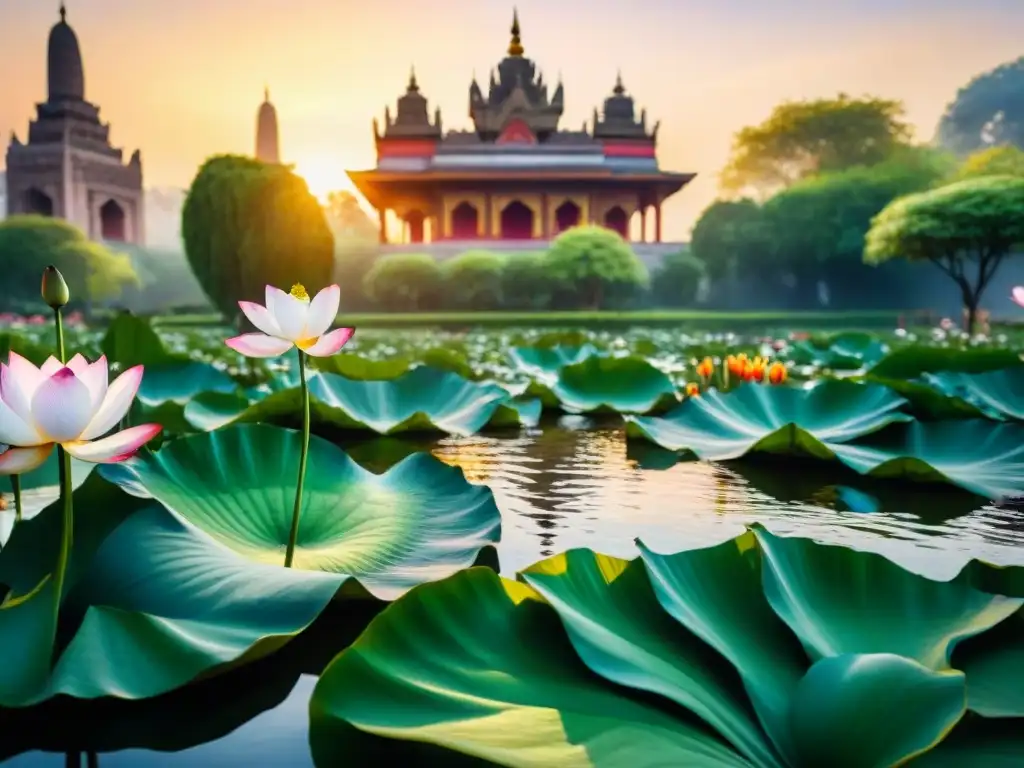 Pintura acuarela detallada de un jardín sereno con flores de loto, estanque, templo y pavos reales