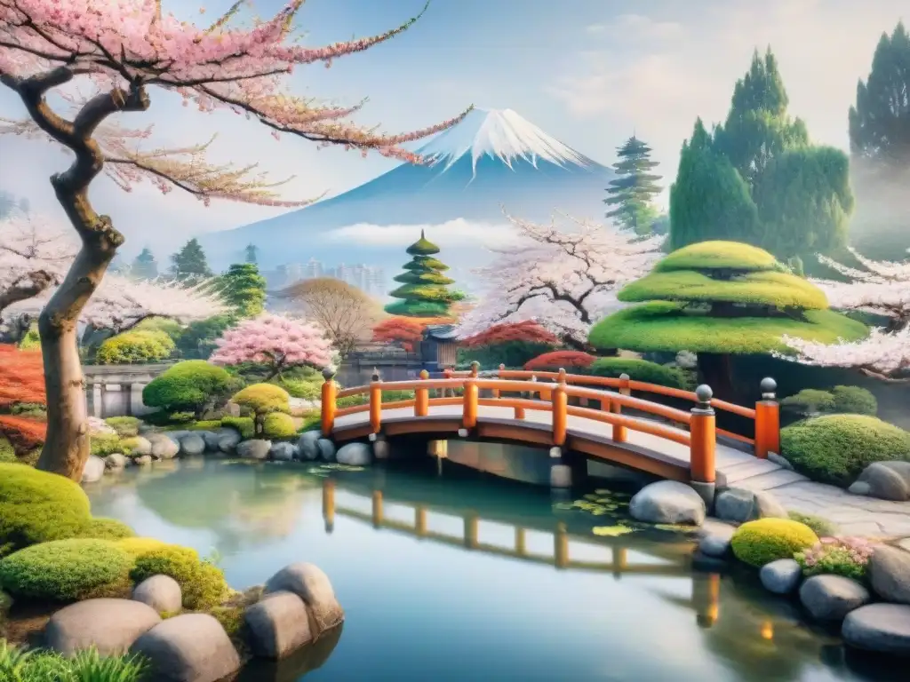 Pintura detallada de un sereno jardín japonés con puente de madera tradicional sobre un estanque con peces koi