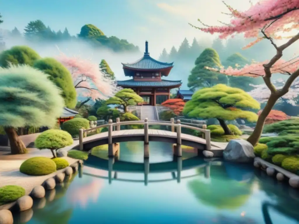 Pintura detallada de un sereno jardín japonés con puente de madera sobre estanque de koi y sakuras