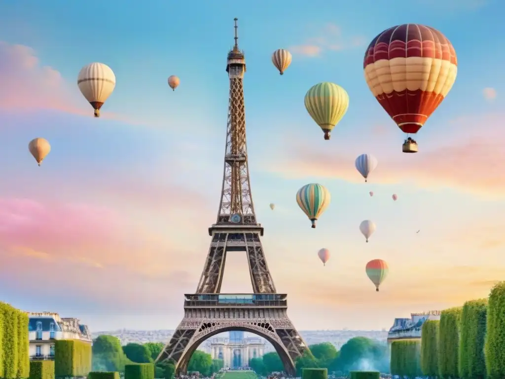 Pintura detallada de la Torre Eiffel al atardecer con globos aerostáticos